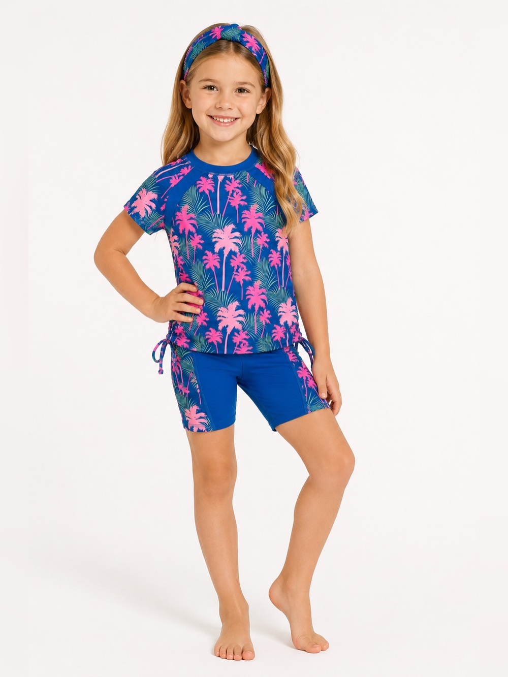 Grace Karin Girls Swimwear Set NWT Size 14Y blue pink tropical rashguard shorts